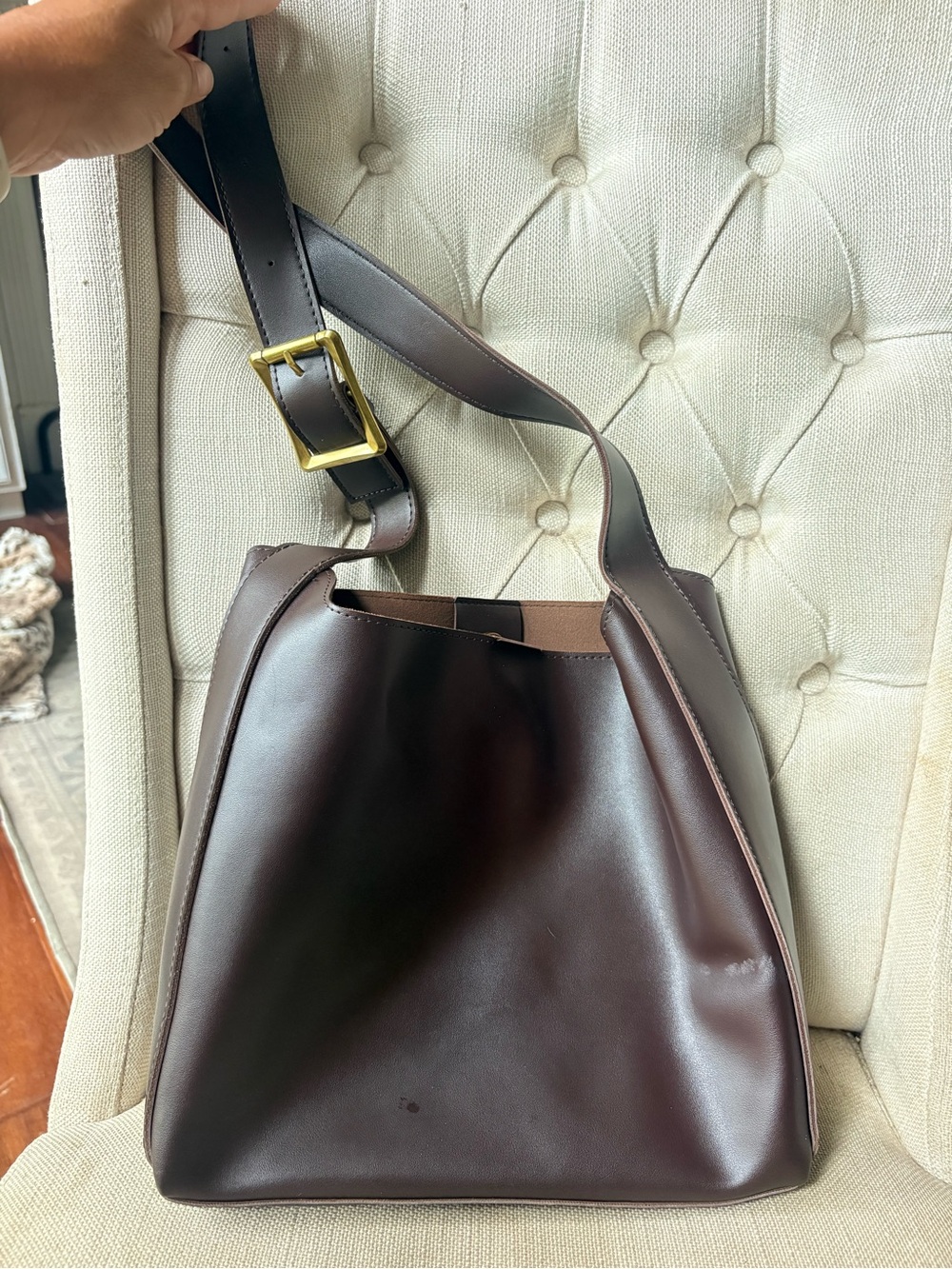 Dark Brown Leather Bucket Bag with Adjustable Strap